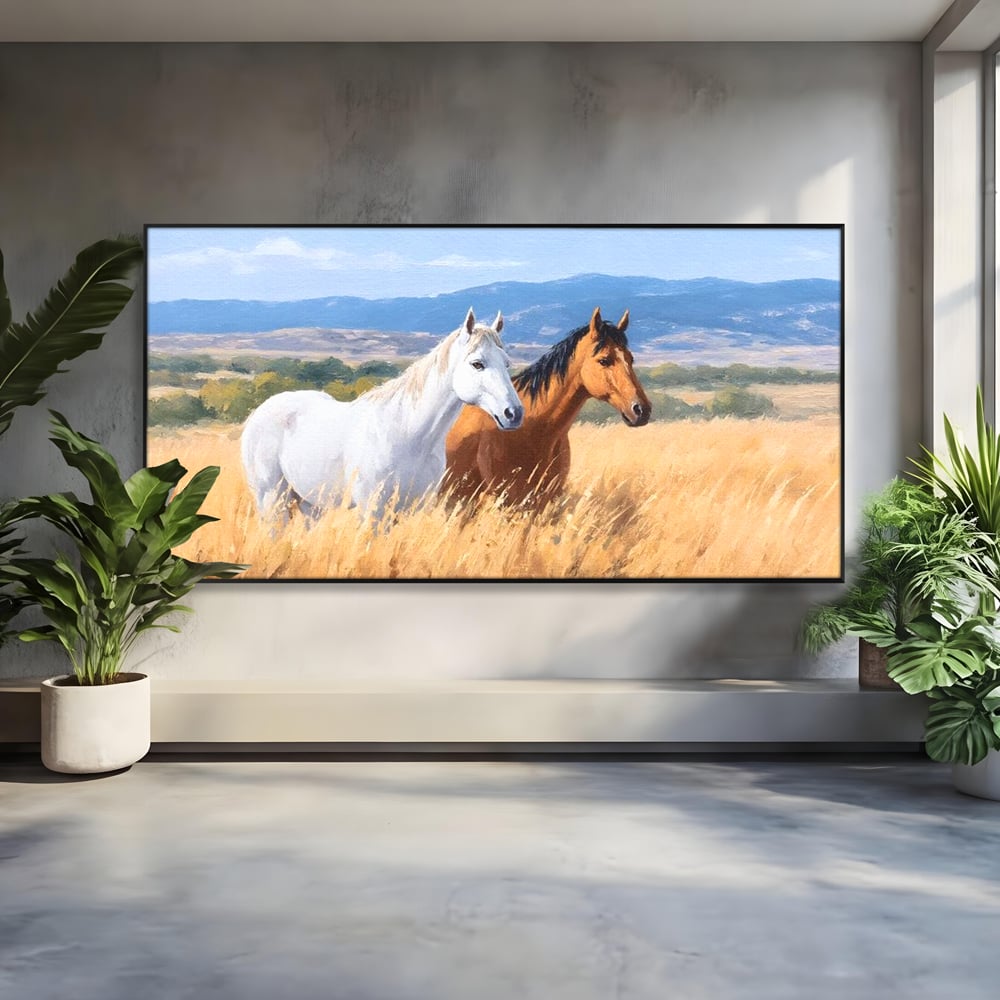 Tablou canvas cu tablou canvas cu doi cai in lan, in rama de aluminiu negru